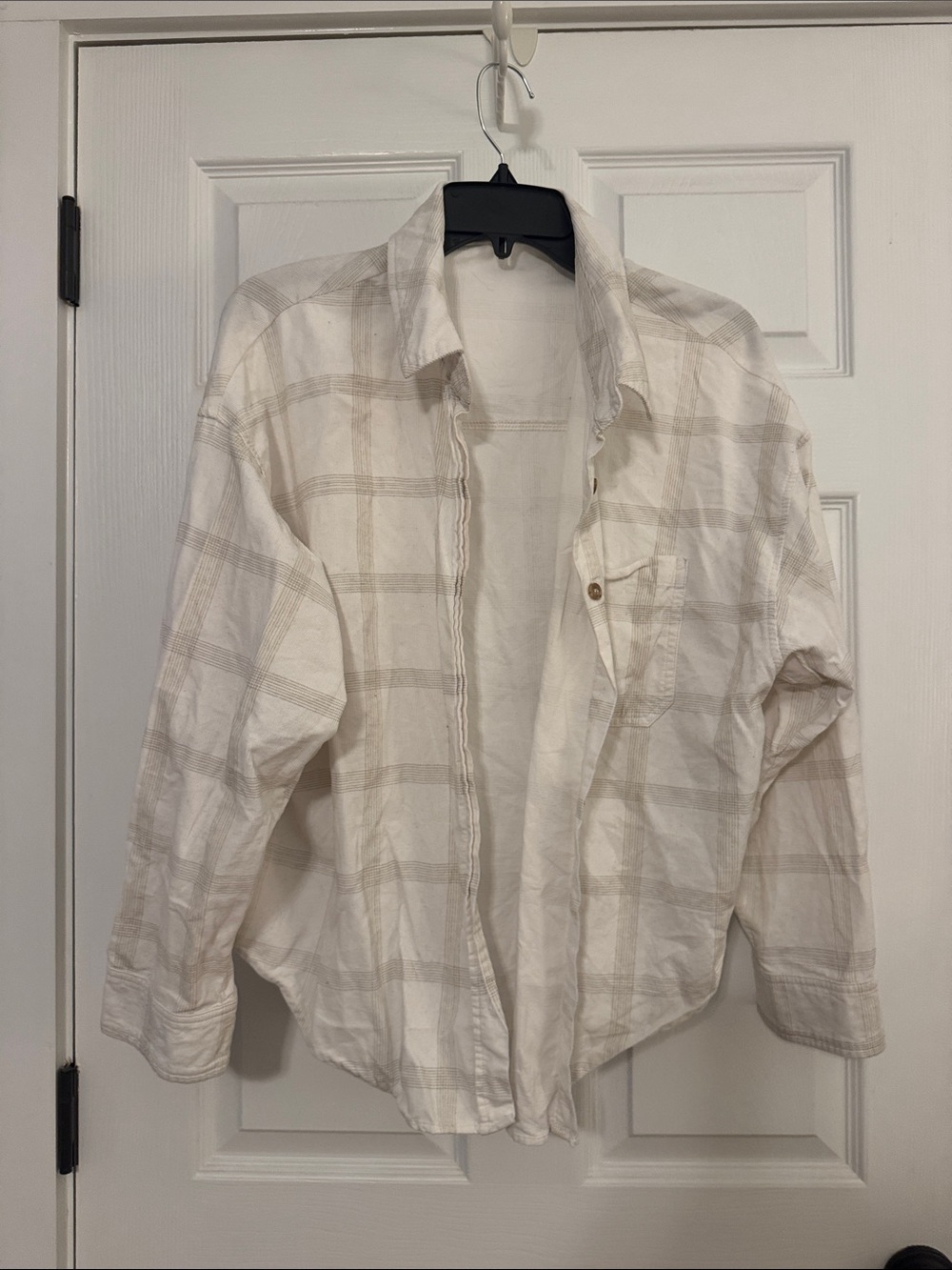 HoneyCloth Relaxed White and Beige 100% Cotton Plaid Button-Down Shirt - Women